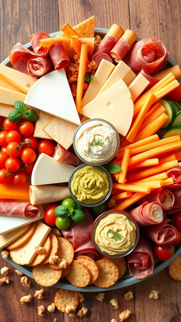 An inviting appetizer platter with cheeses, cured meats, fresh vegetables, dips, and nuts.
